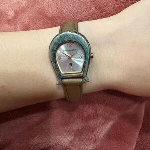 Vintage Etienne Aigner Horseshoe Watch with Brown Strap and Blue-Green Patina